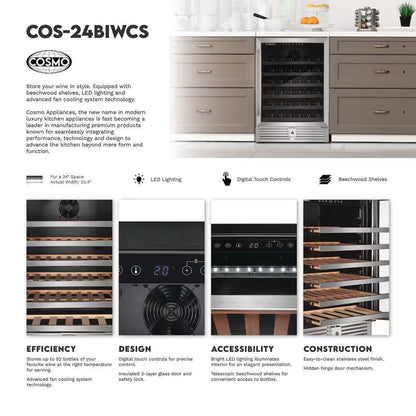 Lumin Collection 24 In. 52-Bottle Single Zone Compressor Wine Cooler, Digital Controls, LED Lighting, Stainless Steel