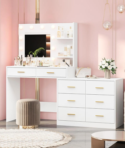 Vanity Desk Table with Lighted Mirror 45.6“ Girls Makeup Vanity with Power Outlet, 3 Colors Lighting Adjustable,8 Stroge Drawers, Brightness Vanity Table for Women Bedroom Dressing Room