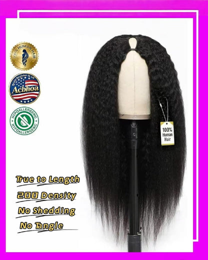 22Inch V Part Kinkystraight Wig Human Hair with Drawstring 200% Density Glueless U Part Upgraded 100% Natural Unprocessed Human Hair Wigs for Women No Sew in V Shape Clip in Half Wig Human Hair