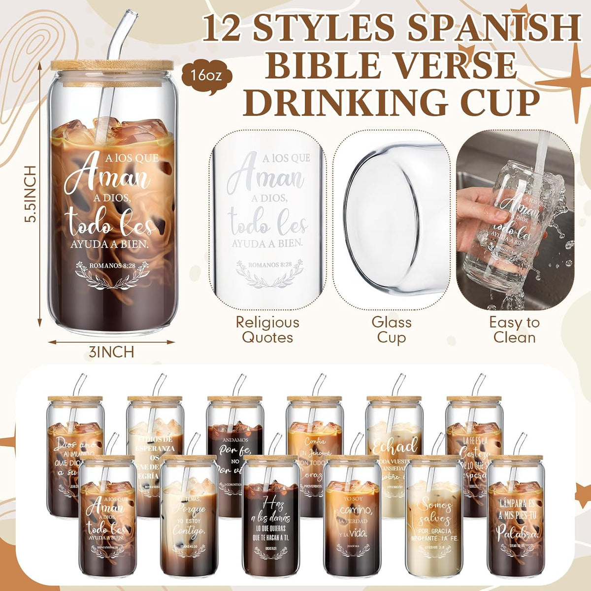 12 Sets Christian Gifts Bulk Church Gifts in Bulk 16Oz Bible Glass Cups A6 Christian Notebook Religious Cosmetic Bag Set for Women Bible Study Supplies Coworker Church Party Favors (Spanish)