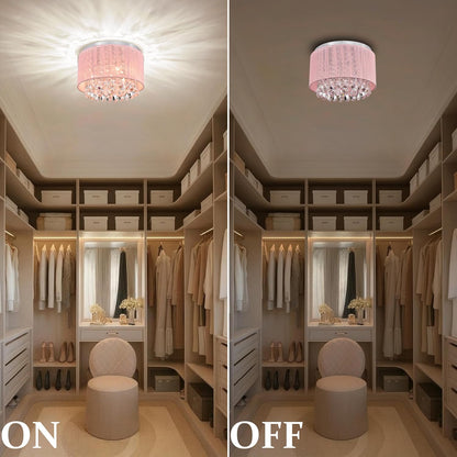 Pink Chandelier Drum Flush Mount Chandelier Crystal Ceiling Light Fixture 3 Light Bedroom Chandelier