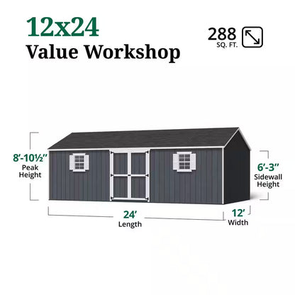 Value Workshop 12 Ft. X 24 Ft. Outdoor Wood Storage Shed Precut Kit with Operable Windows and Floor (288 Sq. Ft.)