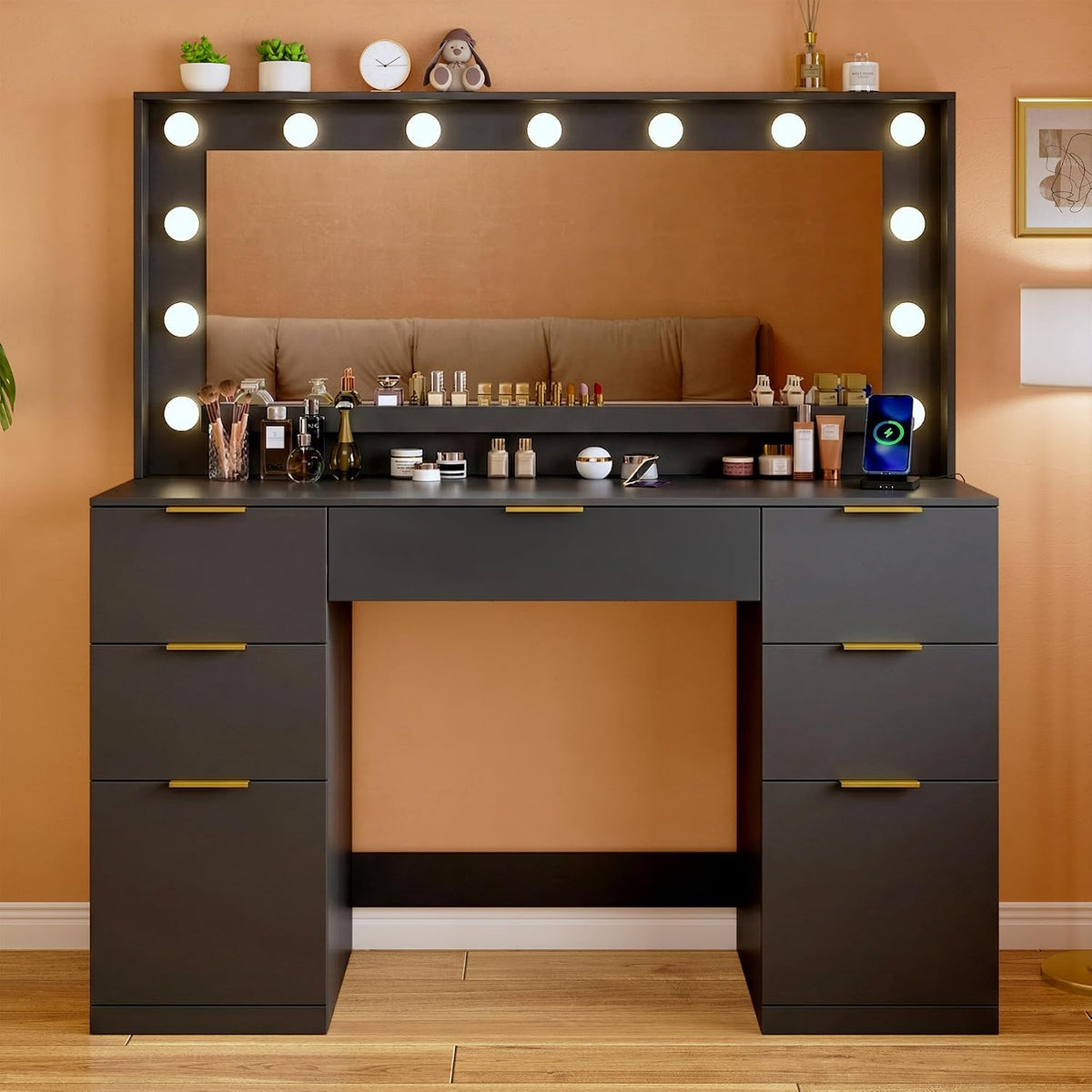 Vanity Desk with Mirror and Lights, 45.3In Makeup Vanity with 7 Drawers & Large Mirror, Vanity with 3-Color Adjustable Lighting & Charging Station, Make up Vanity for Bedroom