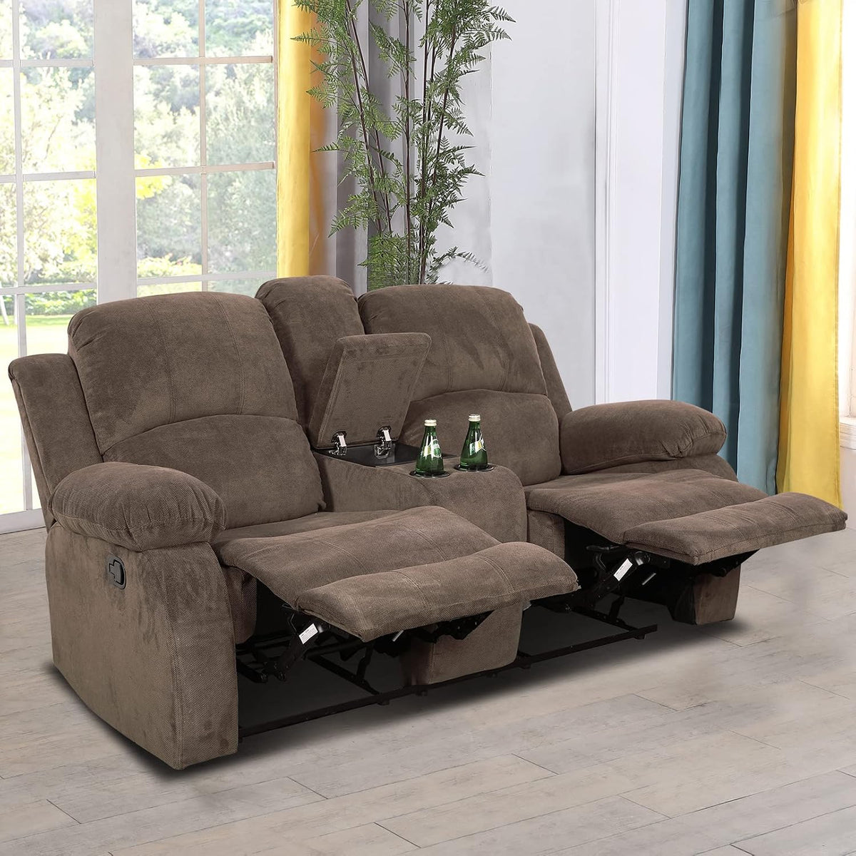 Fabric Recliner Loveseat Couch Brown 2-Seat Reclining Sofa Corduroy Manual Recliner Sofa Living Room Couch with Cup Holders&Storage Console for Home Theater/Office/Rv Car (Chocolate, Loveseat)