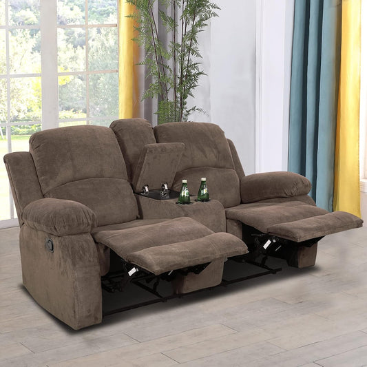 Fabric Recliner Loveseat Couch Brown 2-Seat Reclining Sofa Corduroy Manual Recliner Sofa Living Room Couch with Cup Holders&Storage Console for Home Theater/Office/Rv Car (Chocolate, Loveseat)