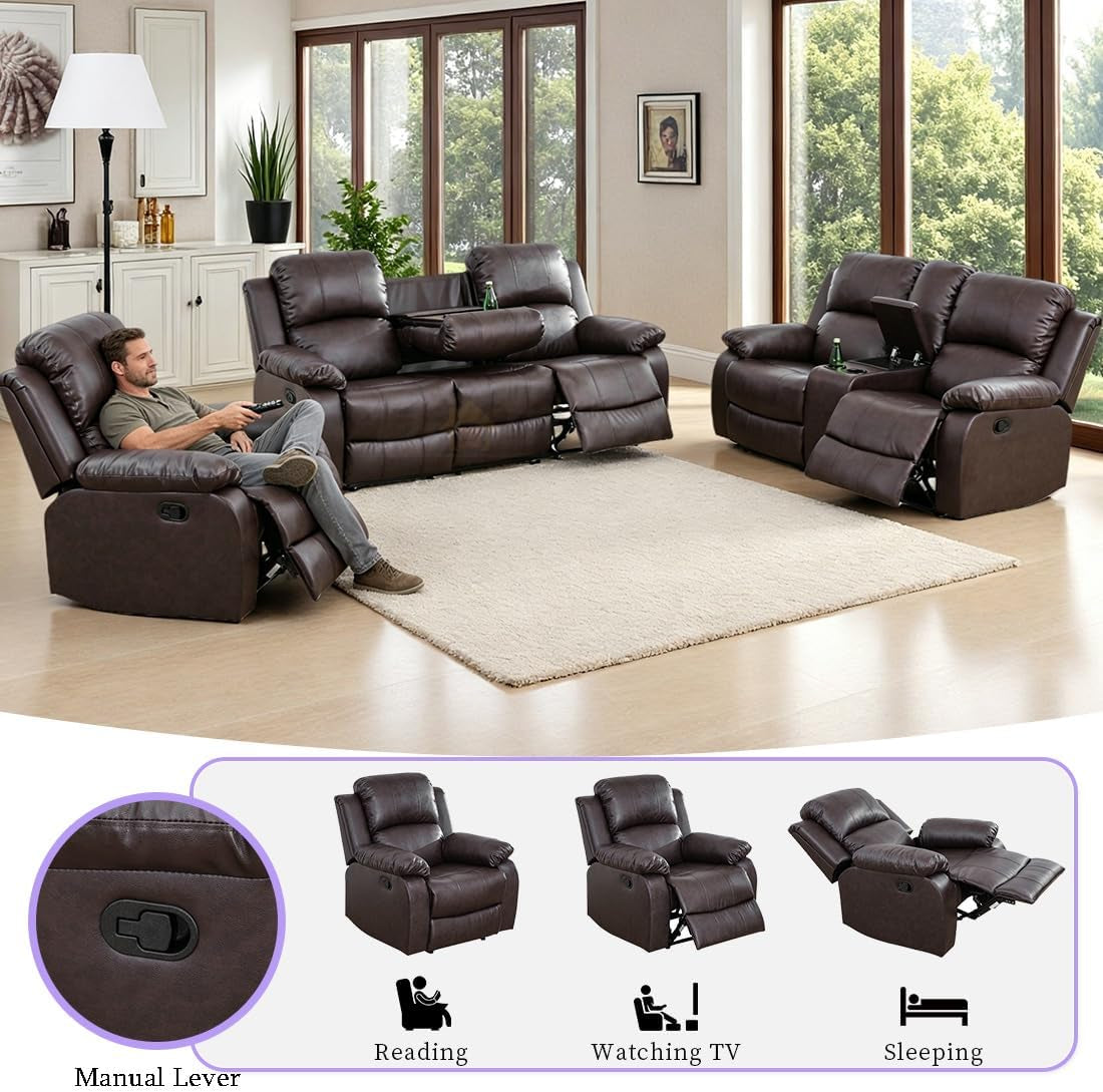 3PCS Recliner Sofa Set Vegan Leather Reclining Couch Set  Living Room Furniture Sets Manual Reclining Sofa Set with Cup Holders/Storage Console/Flip down Table for Home/Office (Brown, 3PCS Set)