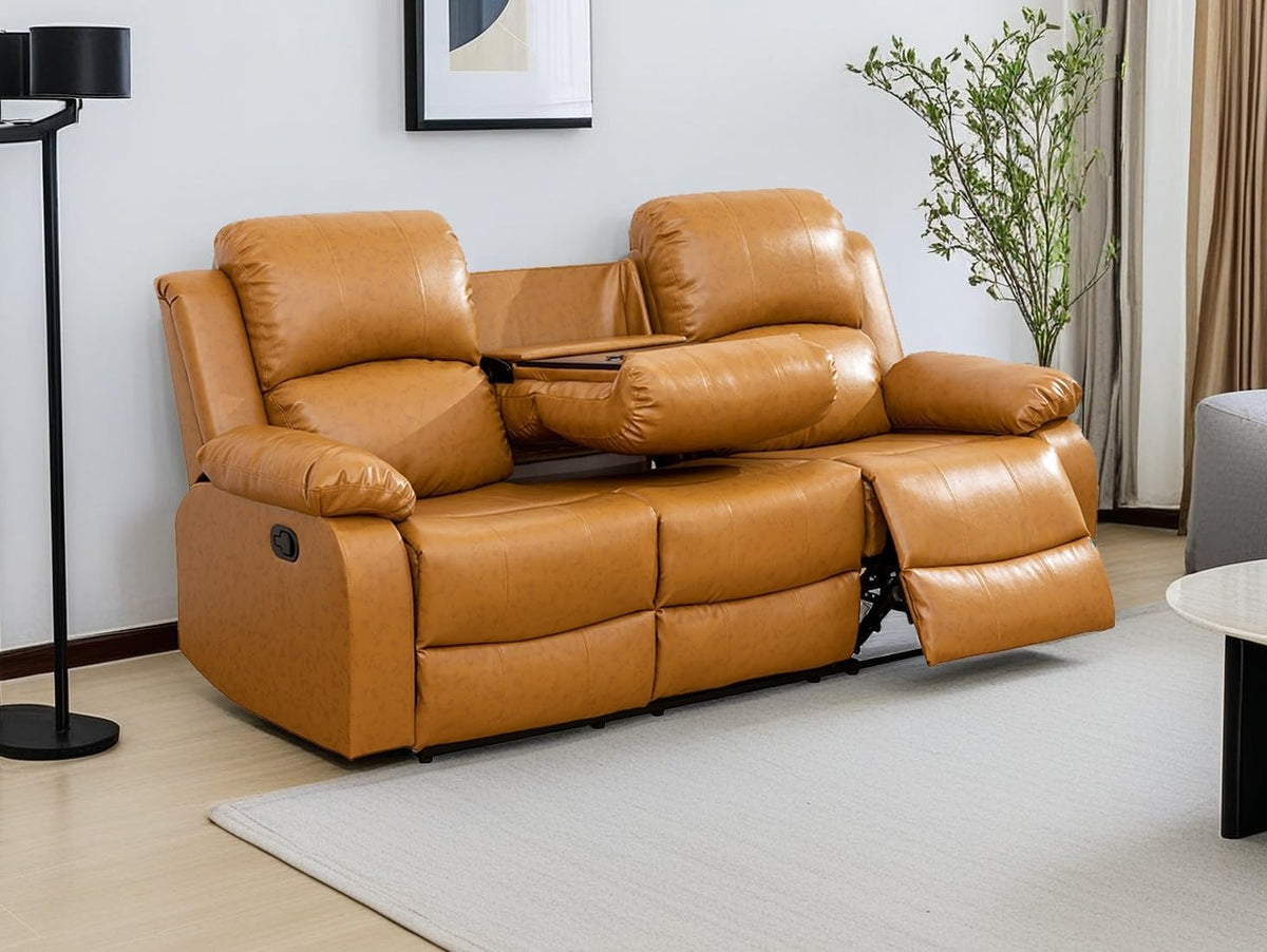 Manual Reclining Sofa 3 Seater Recliner Sofa Couch Living Room Furniture Modern Leather Reclining Sofa with Cup Holders & Flip-Down Table for Living Room/Office/Rv Car (Ginger, 3 Seater Sofa)