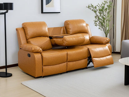 Manual Reclining Sofa 3 Seater Recliner Sofa Couch Living Room Furniture Modern Leather Reclining Sofa with Cup Holders & Flip-Down Table for Living Room/Office/Rv Car (Ginger, 3 Seater Sofa)