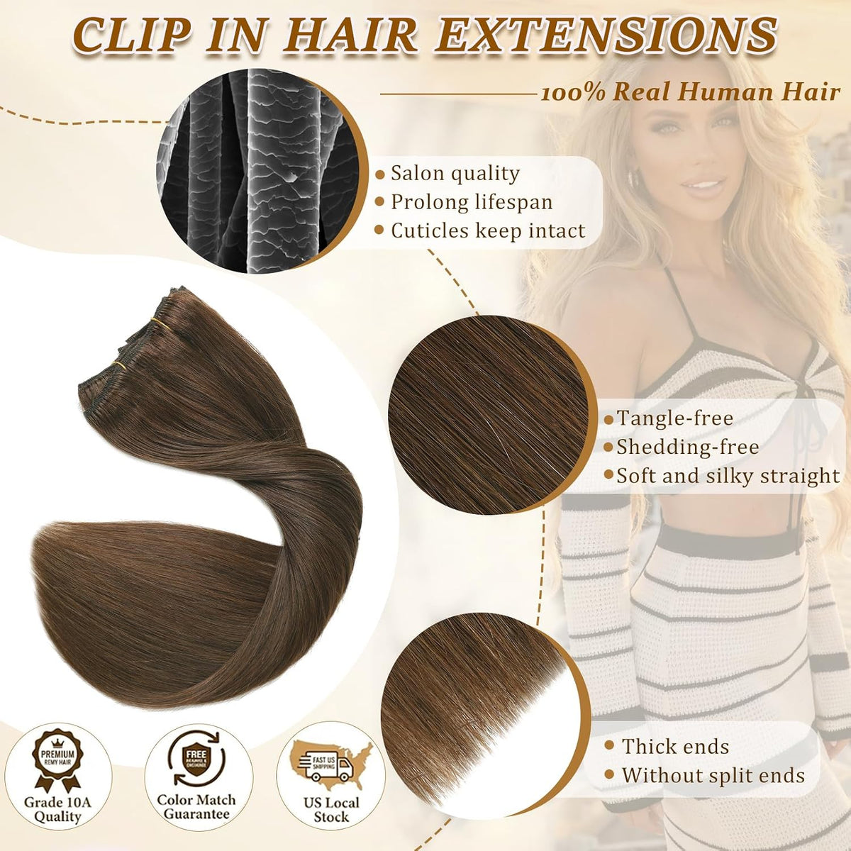 Human Hair Clip in Extensions Chocolate Brown Hair Extensions 14Inch