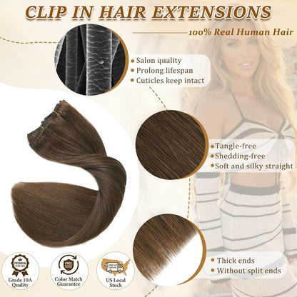 Human Hair Clip in Extensions Chocolate Brown Hair Extensions 14Inch
