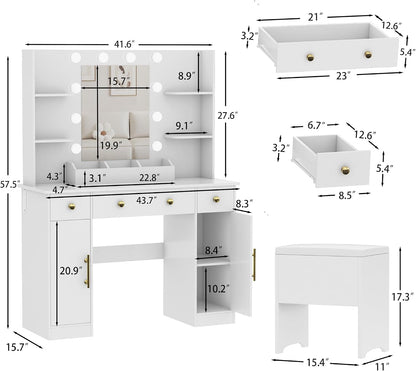 Vanity Desk with Mirror and Lights, Makeup Vanity with Charging Station & Vanity Stool, 3 Drawers and Cabinets White Vanity Mirror with RGB LED Lights Vanity Desk and Chair for Women