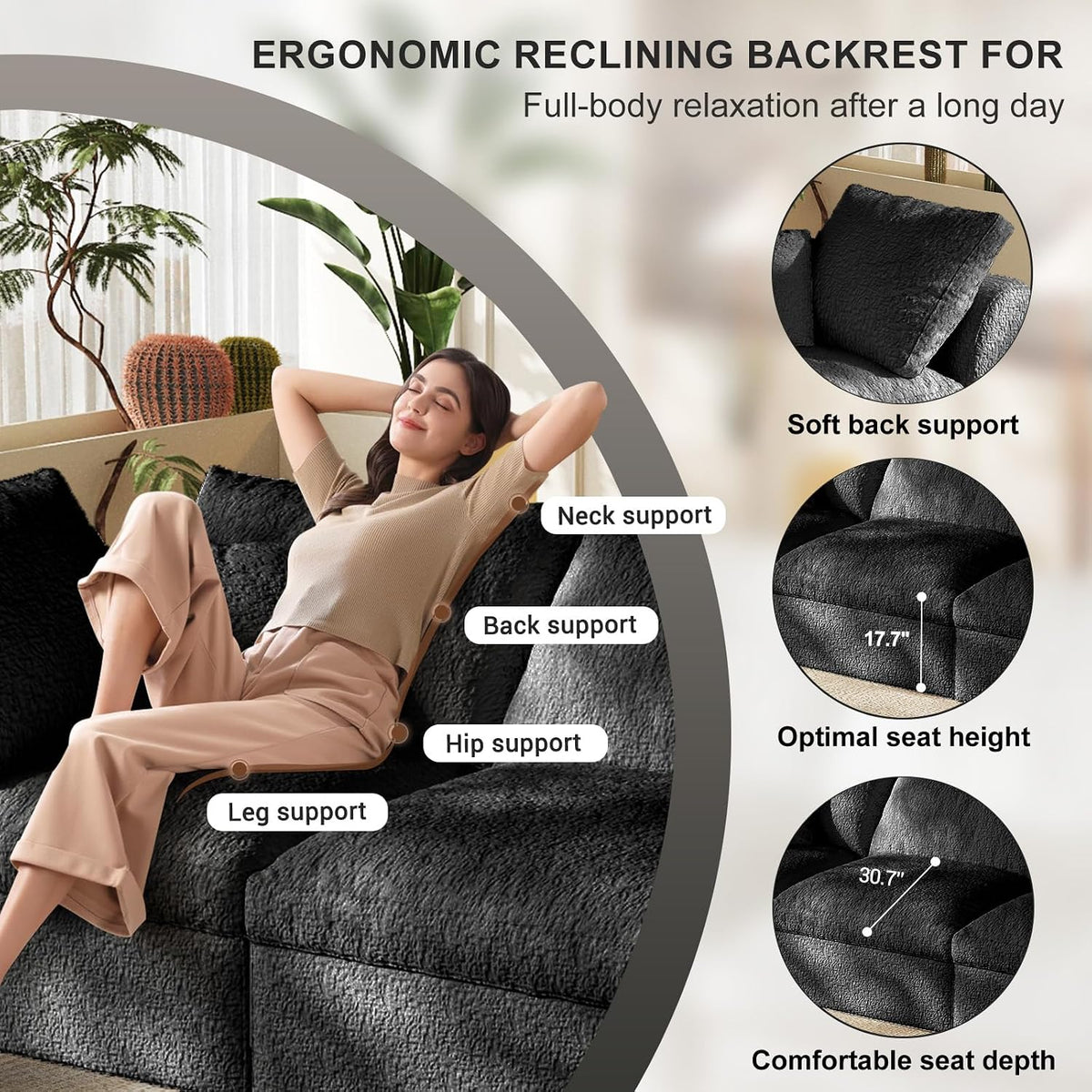 Cloud Sectional Couches, 108" L-Shape Boneless Sofa, Modular Sectional Sofa for Living Room,Freely Configurable,Deep Seating,Non-Slip Bottom, No Assembly Required(3 Seater+1 Ottoman (Black)