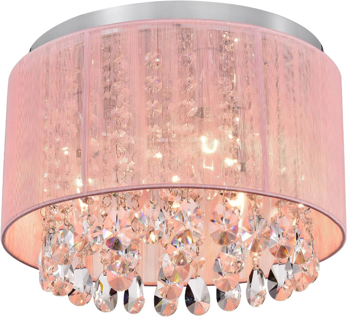 Pink Chandelier Drum Flush Mount Chandelier Crystal Ceiling Light Fixture 3 Light Bedroom Chandelier