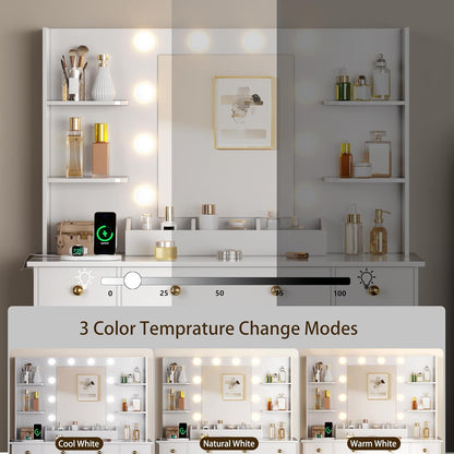Vanity Desk with Mirror and Lights, Makeup Vanity with Charging Station & Vanity Stool, 3 Drawers and Cabinets White Vanity Mirror with RGB LED Lights Vanity Desk and Chair for Women