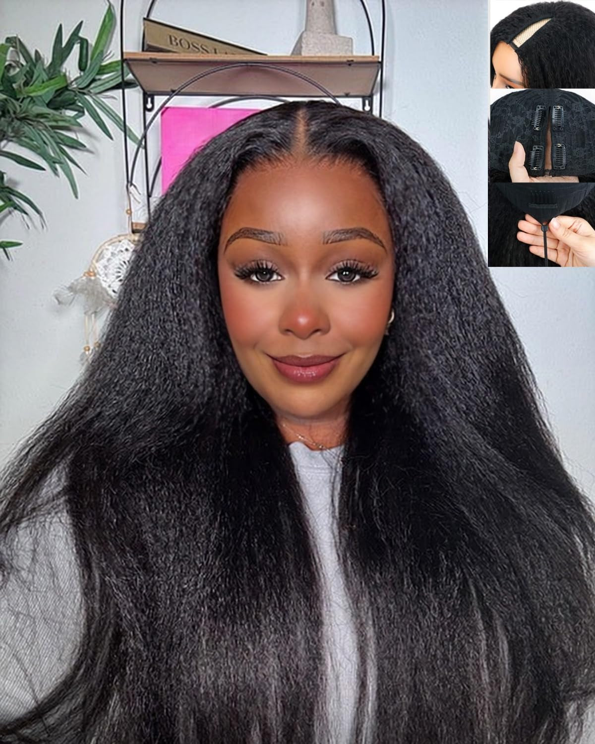 22Inch V Part Kinkystraight Wig Human Hair with Drawstring 200% Density Glueless U Part Upgraded 100% Natural Unprocessed Human Hair Wigs for Women No Sew in V Shape Clip in Half Wig Human Hair