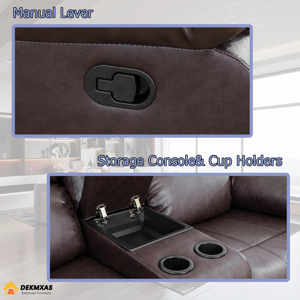 3PCS Recliner Sofa Set Vegan Leather Reclining Couch Set  Living Room Furniture Sets Manual Reclining Sofa Set with Cup Holders/Storage Console/Flip down Table for Home/Office (Brown, 3PCS Set)