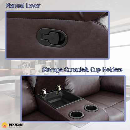 3PCS Recliner Sofa Set Vegan Leather Reclining Couch Set  Living Room Furniture Sets Manual Reclining Sofa Set with Cup Holders/Storage Console/Flip down Table for Home/Office (Brown, 3PCS Set)