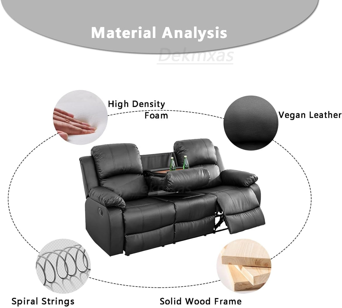 3 Seater Modern Reclining Couch Manual Recliner Sofa Living Room Furniture Black Vegan Leather Couch with Cup Holder/Flip-Down Table for Home Theater/Rv Car (Black,3Seater Sofa)