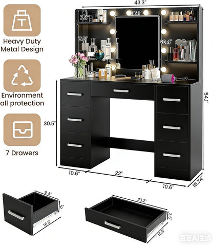 Makeup Vanity Desk, Black Vanity Mirror with LED Lights Power Outlet, Large Desk Vanity Table with 7 Drawers, Wood Storage Vanity Dressing Table with 3-Color Light, Bedroom Room Furniture