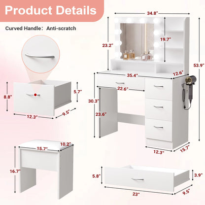 Makeup Vanity Set with Stool, Lighted Mirror, Vanity Desk with 5 Shelves & 4 Drawers, Power Outlet & Hairdryer Holder, Vanity Dressing Table Perfect Gift for Bedroom - White