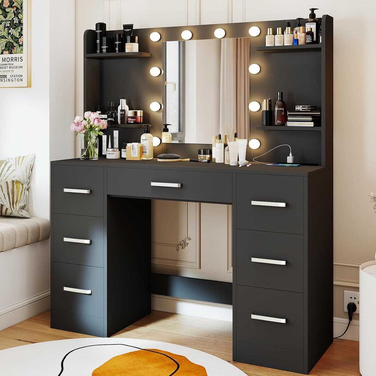 Makeup Vanity Desk, Black Vanity Mirror with LED Lights Power Outlet, Large Desk Vanity Table with 7 Drawers, Wood Storage Vanity Dressing Table with 3-Color Light, Bedroom Room Furniture