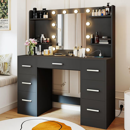 Makeup Vanity Desk, Black Vanity Mirror with LED Lights Power Outlet, Large Desk Vanity Table with 7 Drawers, Wood Storage Vanity Dressing Table with 3-Color Light, Bedroom Room Furniture