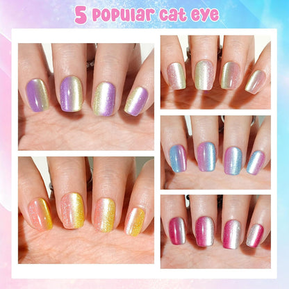 Press on Nails Short - 5 Styles Unique Two-Color Ombre Square Cat Eye Press on Nails, Soft Gel X Coat Nails False Nails in 16 Sizes - 160 PCS Stick on Nails Kit