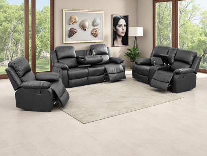 Vegan Leather Black Recliner Sofa Set 3PCS Reclining Couch Set Living Room Furniture Set Manual Reclining Sofas with Cup Holder/Storage Console/Flip down Table for Home/Office (Black,3Pcs Set)