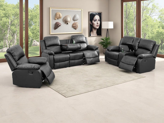 Vegan Leather Black Recliner Sofa Set 3PCS Reclining Couch Set Living Room Furniture Set Manual Reclining Sofas with Cup Holder/Storage Console/Flip down Table for Home/Office (Black,3Pcs Set)