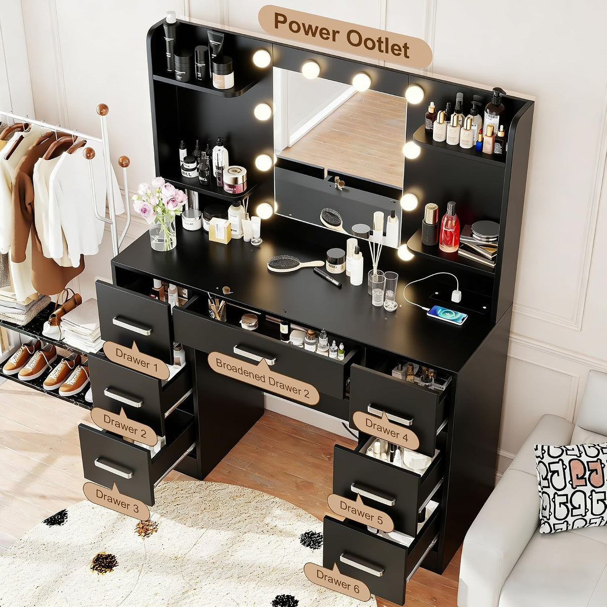 Makeup Vanity Desk, Black Vanity Mirror with LED Lights Power Outlet, Large Desk Vanity Table with 7 Drawers, Wood Storage Vanity Dressing Table with 3-Color Light, Bedroom Room Furniture
