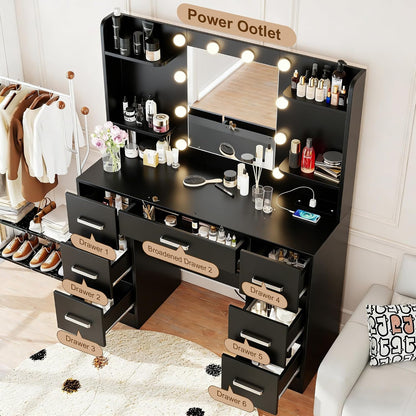 Makeup Vanity Desk, Black Vanity Mirror with LED Lights Power Outlet, Large Desk Vanity Table with 7 Drawers, Wood Storage Vanity Dressing Table with 3-Color Light, Bedroom Room Furniture