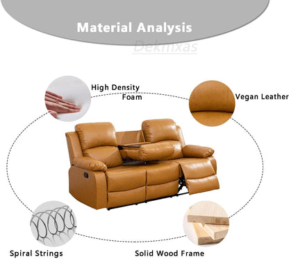 Manual Reclining Sofa 3 Seater Recliner Sofa Couch Living Room Furniture Modern Leather Reclining Sofa with Cup Holders & Flip-Down Table for Living Room/Office/Rv Car (Ginger, 3 Seater Sofa)