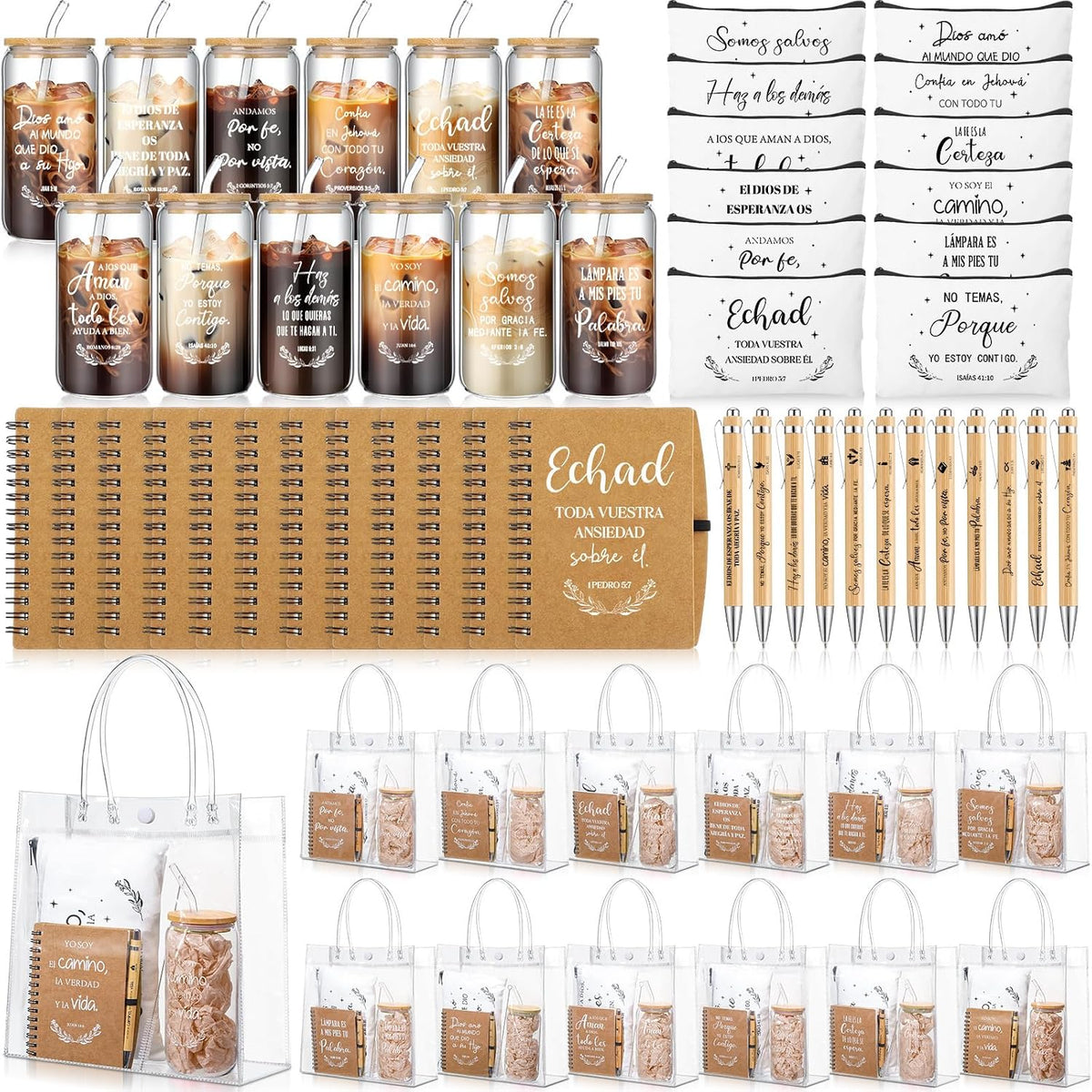 12 Sets Christian Gifts Bulk Church Gifts in Bulk 16Oz Bible Glass Cups A6 Christian Notebook Religious Cosmetic Bag Set for Women Bible Study Supplies Coworker Church Party Favors (Spanish)
