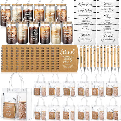 12 Sets Christian Gifts Bulk Church Gifts in Bulk 16Oz Bible Glass Cups A6 Christian Notebook Religious Cosmetic Bag Set for Women Bible Study Supplies Coworker Church Party Favors (Spanish)