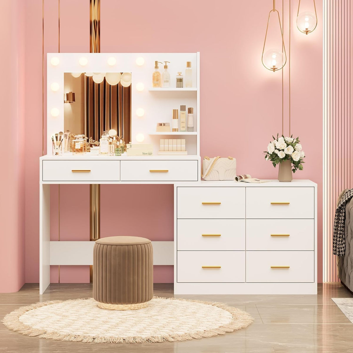 Vanity Desk Table with Lighted Mirror 45.6“ Girls Makeup Vanity with Power Outlet, 3 Colors Lighting Adjustable,8 Stroge Drawers, Brightness Vanity Table for Women Bedroom Dressing Room