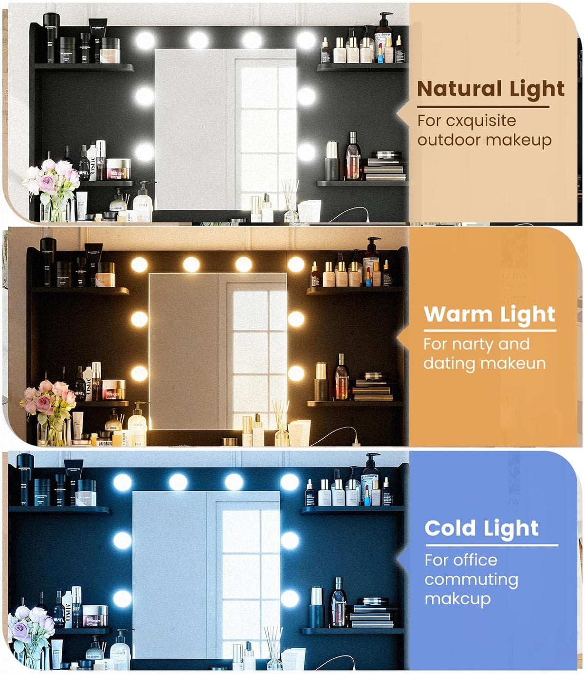 Black Makeup Vanity Desk, Vanity Mirror with LED Lights Power Outlet, Large Desk Vanity Table with 7 Drawers, Wood Storage Vanity Dressing Table with 3-Color Light, Bedroom Room Furniture