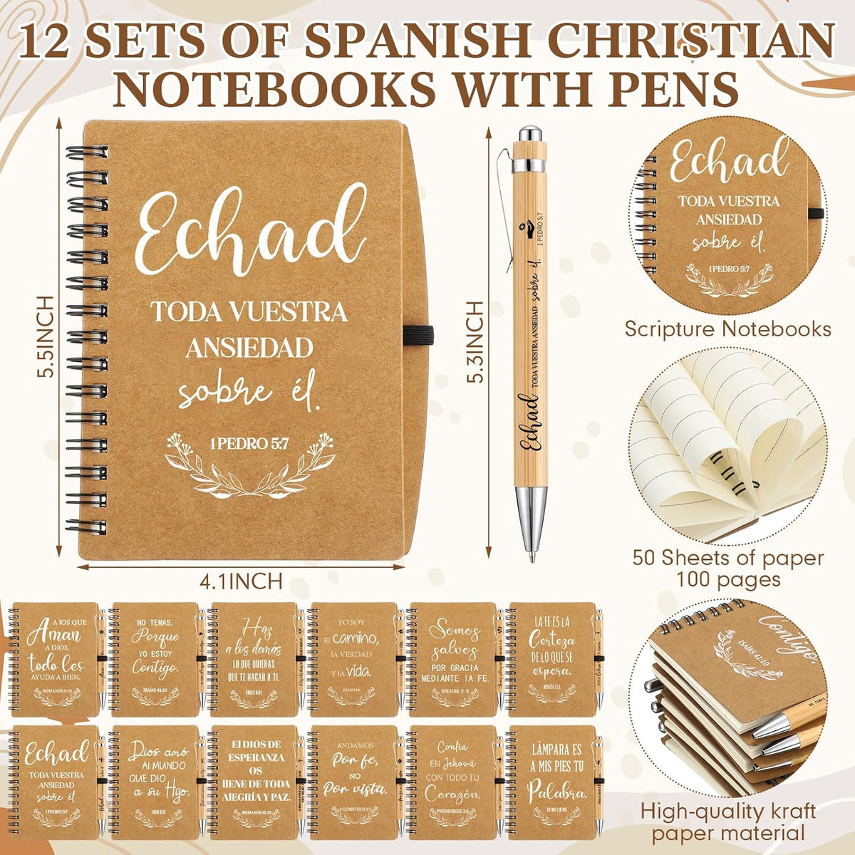 12 Sets Christian Gifts Bulk Church Gifts in Bulk 16Oz Bible Glass Cups A6 Christian Notebook Religious Cosmetic Bag Set for Women Bible Study Supplies Coworker Church Party Favors (Spanish)