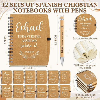 12 Sets Christian Gifts Bulk Church Gifts in Bulk 16Oz Bible Glass Cups A6 Christian Notebook Religious Cosmetic Bag Set for Women Bible Study Supplies Coworker Church Party Favors (Spanish)
