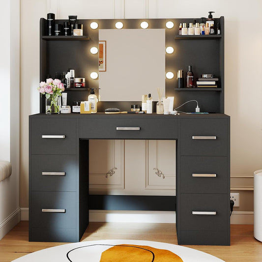 Black Makeup Vanity Desk, Vanity Mirror with LED Lights Power Outlet, Large Desk Vanity Table with 7 Drawers, Wood Storage Vanity Dressing Table with 3-Color Light, Bedroom Room Furniture