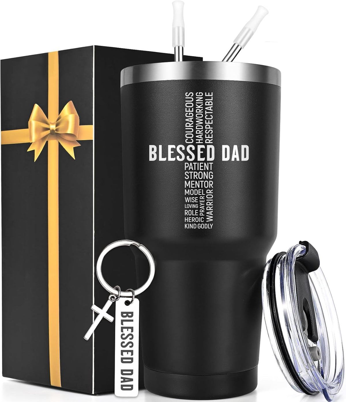 Christian Father'S Day Gifts, Blessed Dad 30Oz Insulated Tumbler with Keychain, Father’S Day, Birthday, Christmas, Christian Gifts for Dad, Black