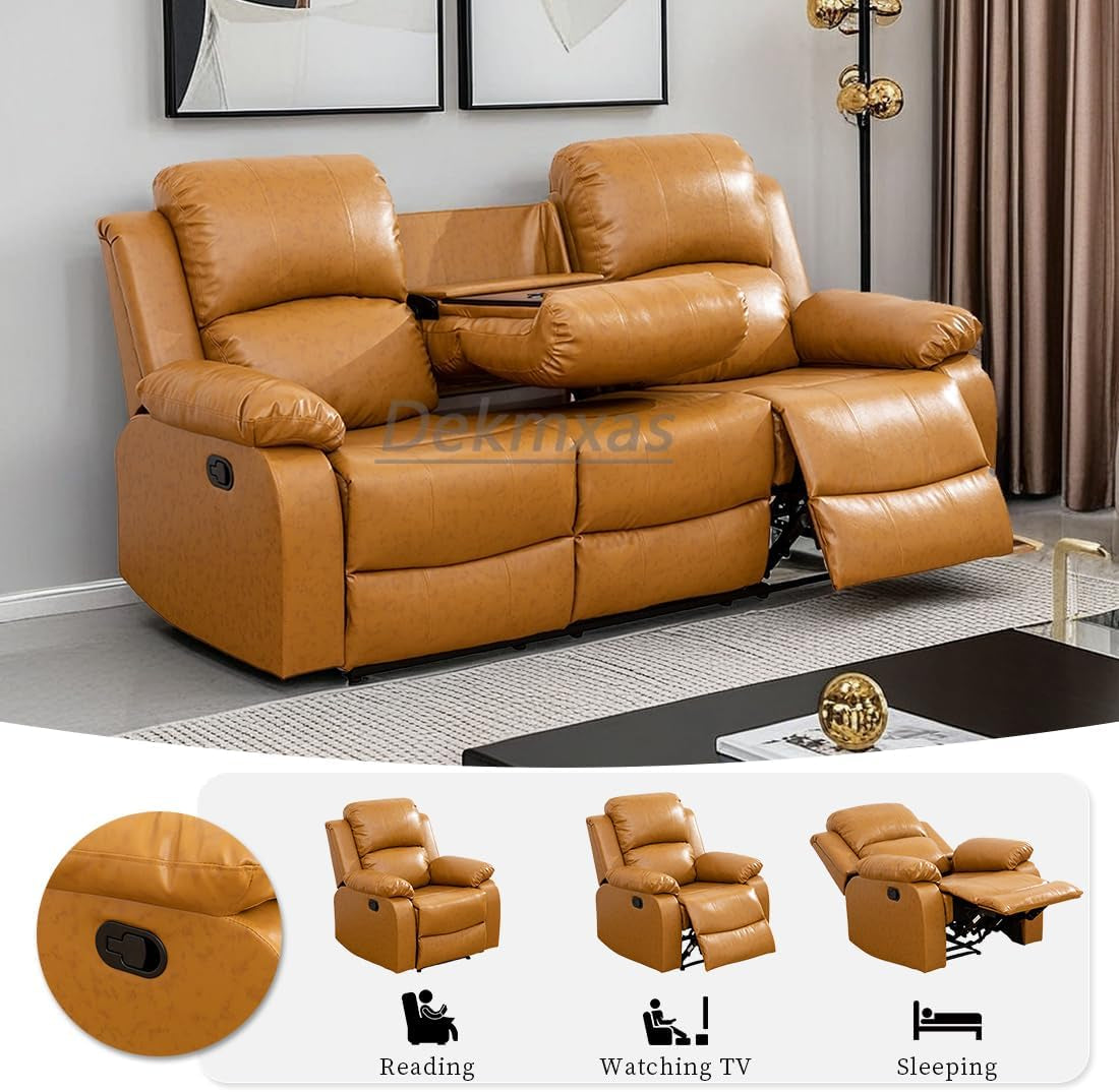 Manual Reclining Sofa 3 Seater Recliner Sofa Couch Living Room Furniture Modern Leather Reclining Sofa with Cup Holders & Flip-Down Table for Living Room/Office/Rv Car (Ginger, 3 Seater Sofa)