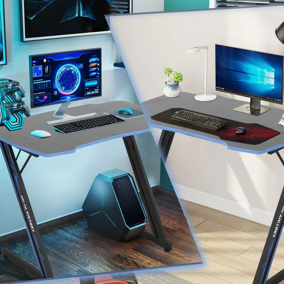 47 Inch Gaming Desk, Z Shaped PC Computer Desk Gaming Workstation with Headphone Hook, Ergonomic Gaming Table PC Desk for Game Players, Blue