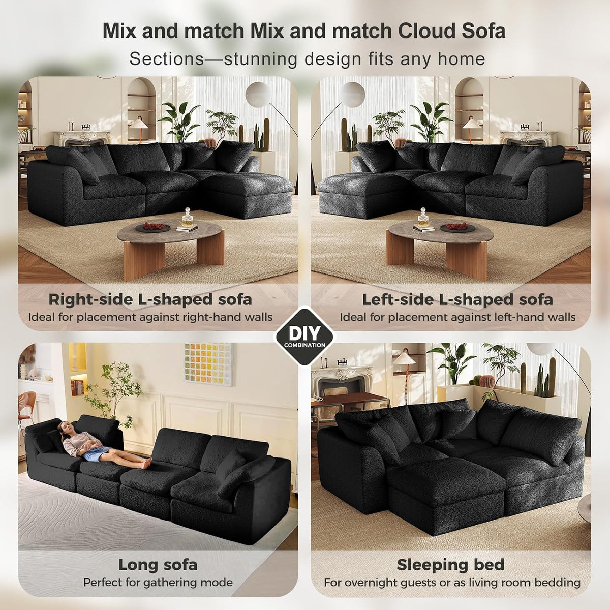 Cloud Sectional Couches, 108" L-Shape Boneless Sofa, Modular Sectional Sofa for Living Room,Freely Configurable,Deep Seating,Non-Slip Bottom, No Assembly Required(3 Seater+1 Ottoman (Black)
