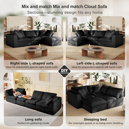 Cloud Sectional Couches, 108" L-Shape Boneless Sofa, Modular Sectional Sofa for Living Room,Freely Configurable,Deep Seating,Non-Slip Bottom, No Assembly Required(3 Seater+1 Ottoman (Black)