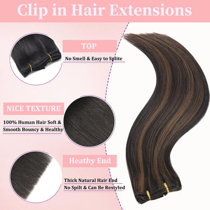 Natural Black Clip in Hair Extensions Real Human Hair 14Inch