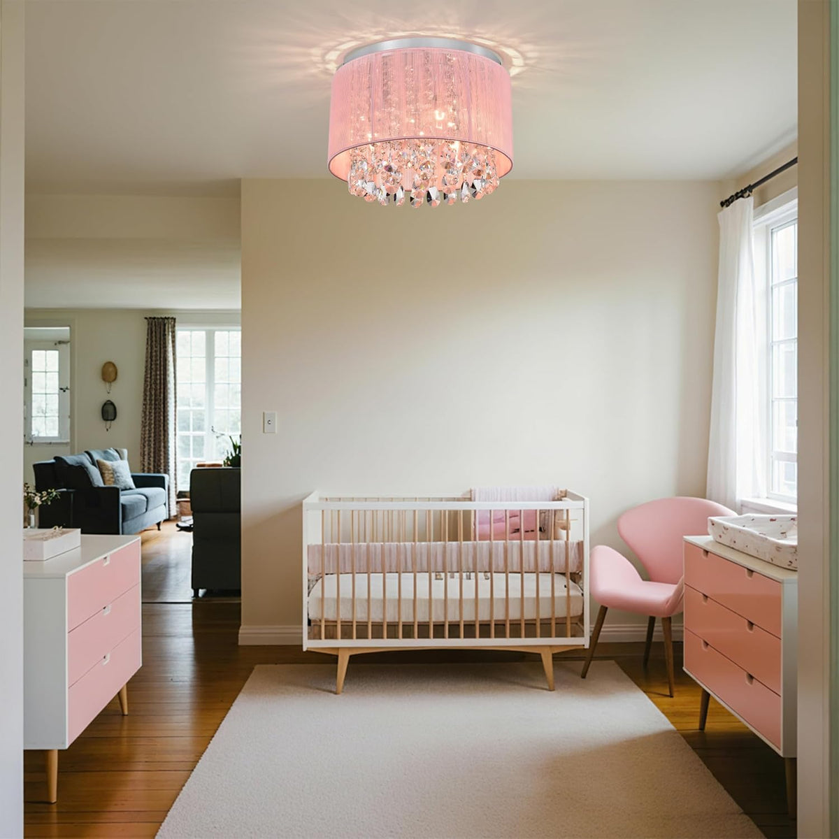 Pink Chandelier Drum Flush Mount Chandelier Crystal Ceiling Light Fixture 3 Light Bedroom Chandelier