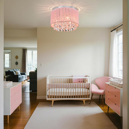 Pink Chandelier Drum Flush Mount Chandelier Crystal Ceiling Light Fixture 3 Light Bedroom Chandelier