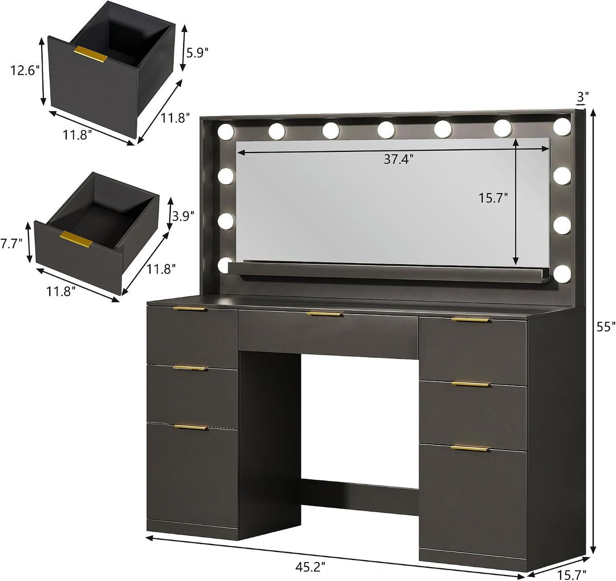 Vanity Desk with Mirror and Lights, 45.3In Makeup Vanity with 7 Drawers & Large Mirror, Vanity with 3-Color Adjustable Lighting & Charging Station, Make up Vanity for Bedroom