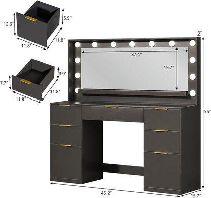 Vanity Desk with Mirror and Lights, 45.3In Makeup Vanity with 7 Drawers & Large Mirror, Vanity with 3-Color Adjustable Lighting & Charging Station, Make up Vanity for Bedroom