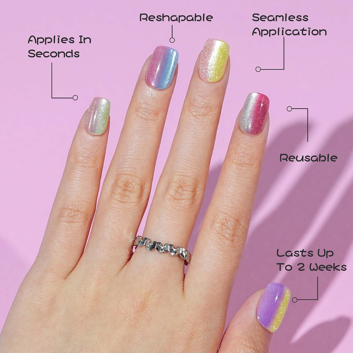 Press on Nails Short - 5 Styles Unique Two-Color Ombre Square Cat Eye Press on Nails, Soft Gel X Coat Nails False Nails in 16 Sizes - 160 PCS Stick on Nails Kit